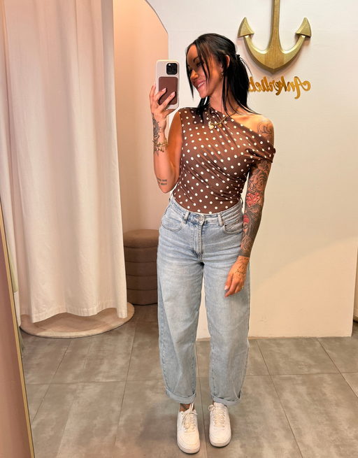 stretchy polka dot asymmetric top | braun
