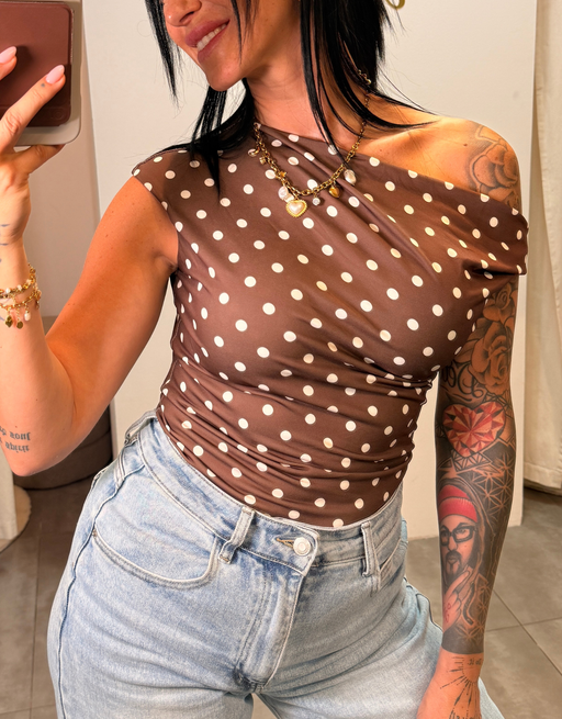 stretchy polka dot asymmetric top | braun