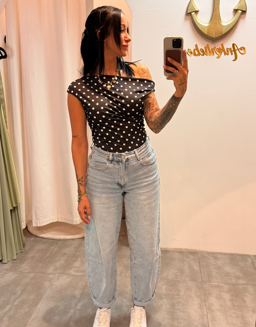 stretchy polka dot asymmetric top | schwarz
