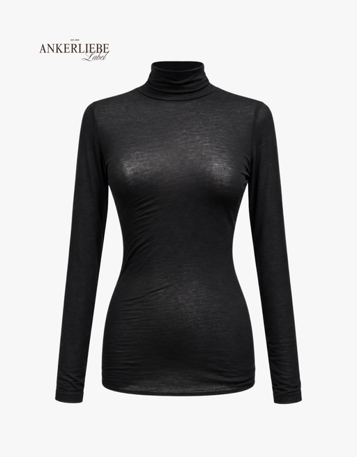 kaschmir shirt langarm mit rolli  | schwarz