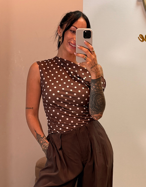 stretchy polka dot asymmetric top | braun
