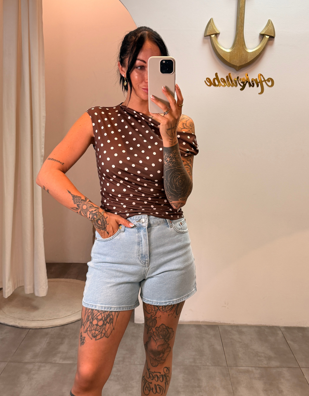 stretchy polka dot asymmetric top | braun
