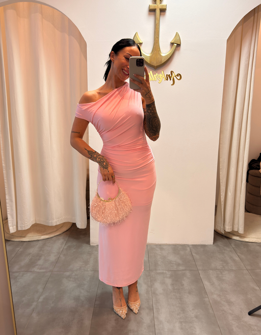 asymmetrisches midi kleid | rosa