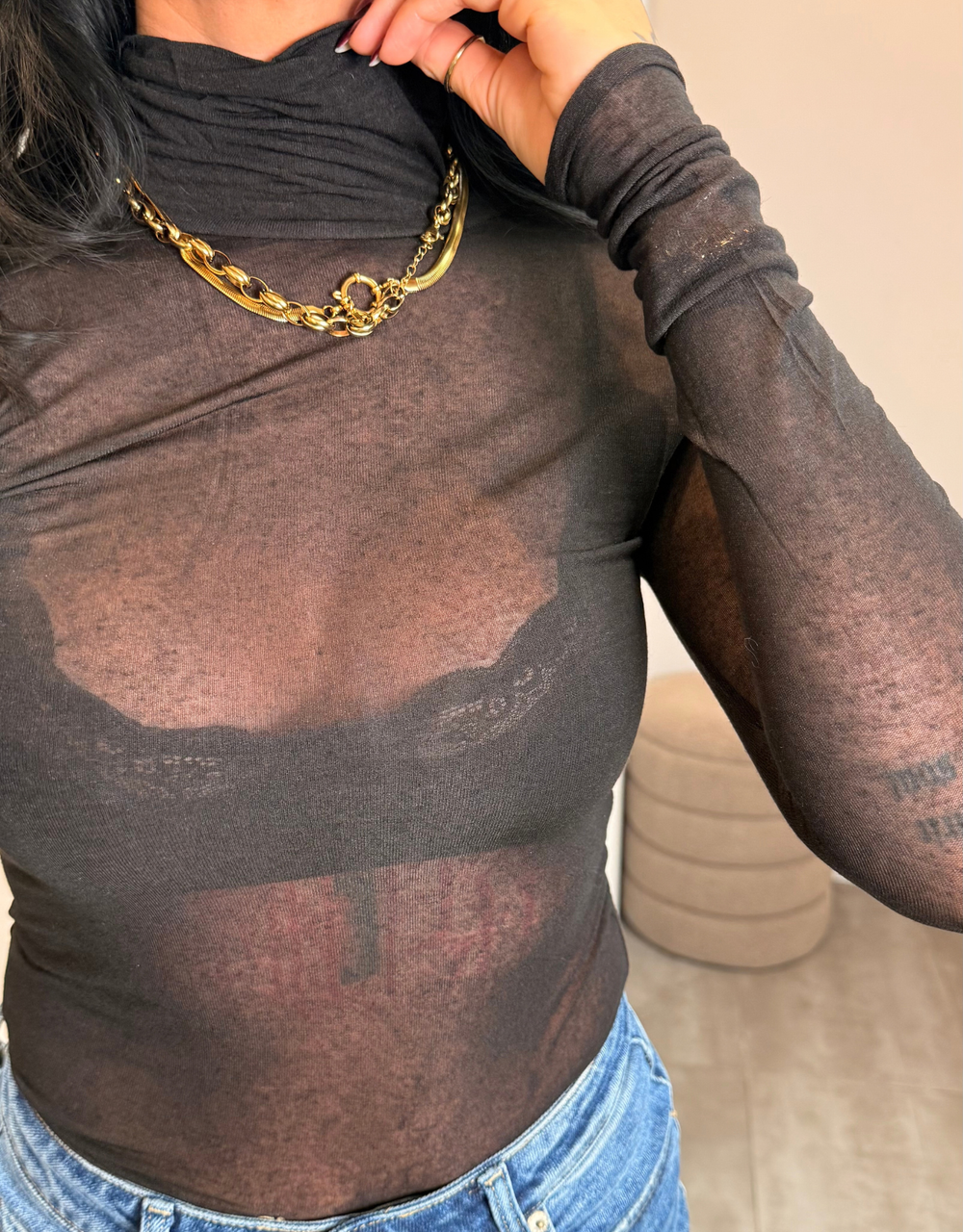 kaschmir shirt langarm mit rolli  | schwarz