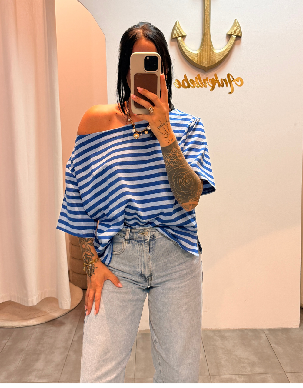 offshoulder streifenshirt | blau
