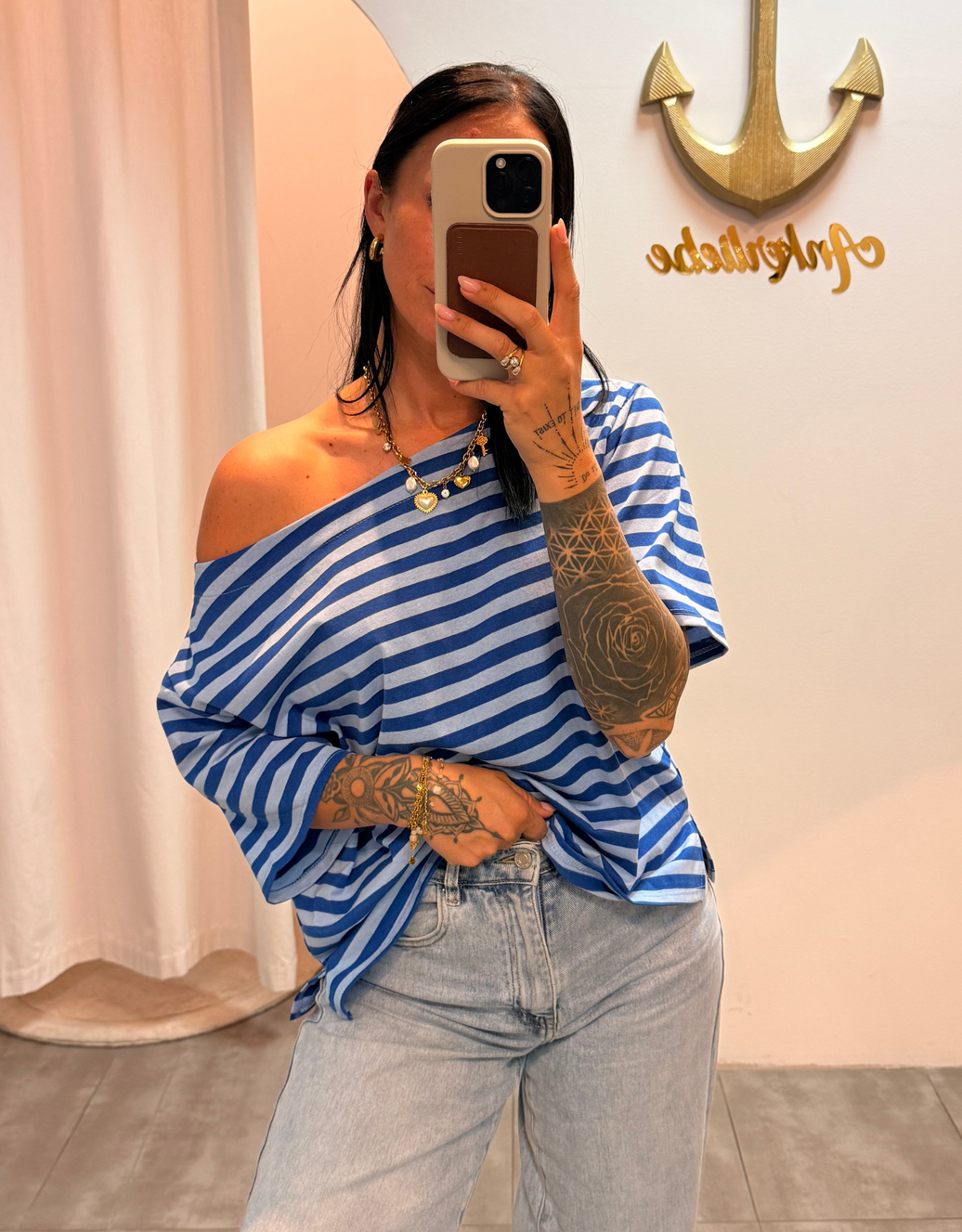 offshoulder streifenshirt | blau