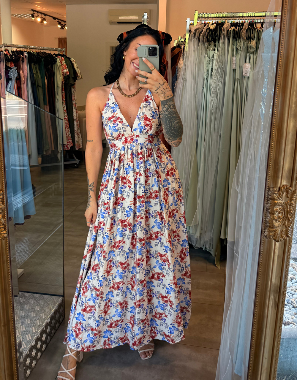Boho-Sommerkleid mit überkreuzten Trägern & elastischem Bund | beige