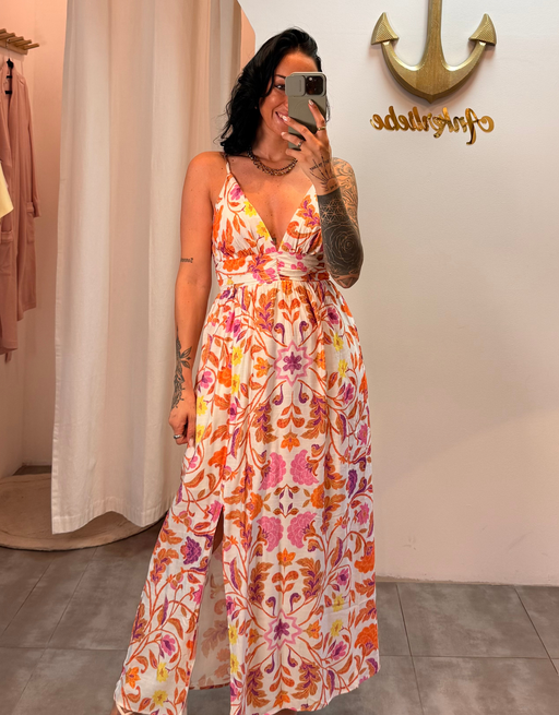 leichtes Maxikleid mit Blumenprint, Taillenraffung und Beinschlitz | orange/lila
