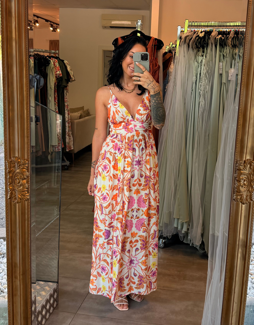 leichtes Maxikleid mit Blumenprint, Taillenraffung und Beinschlitz | orange/lila
