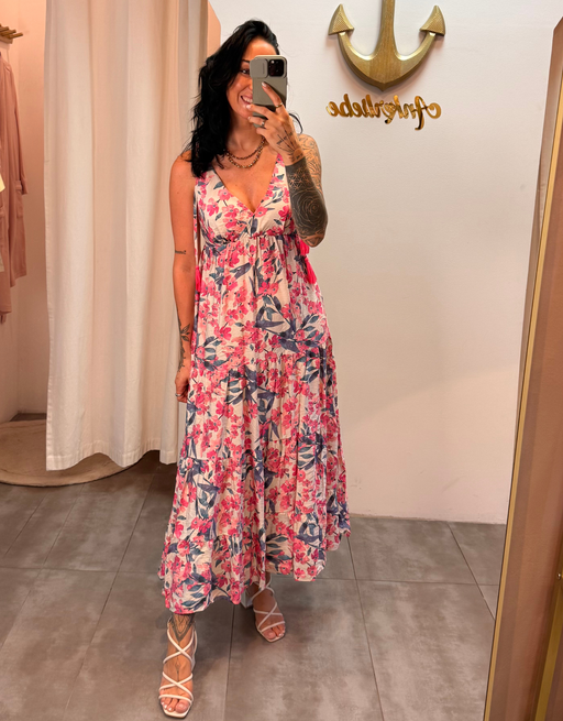 florales Maxikleid mit Bindeträgern und pinken Quasten | creme