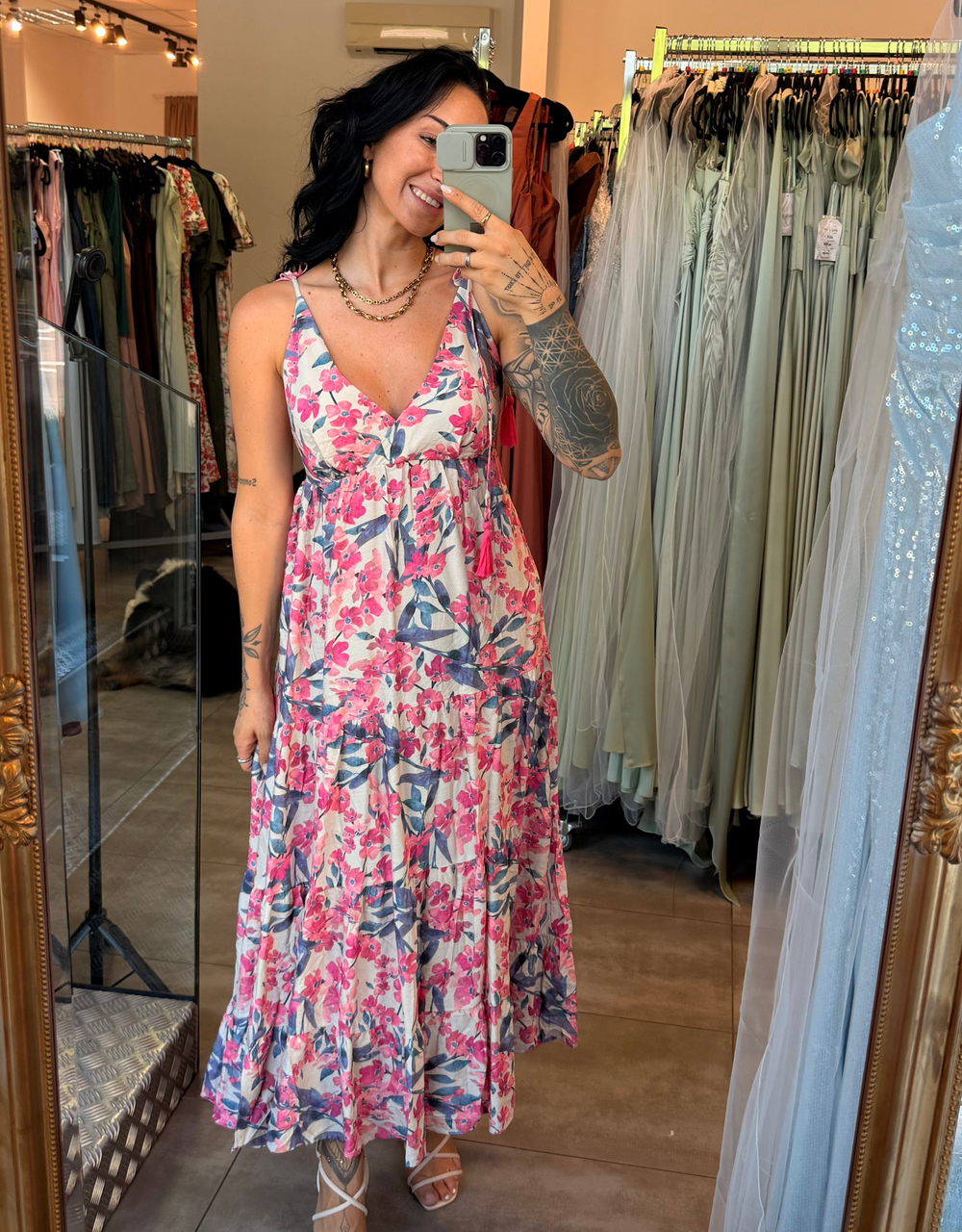 florales Maxikleid mit Bindeträgern und pinken Quasten | creme