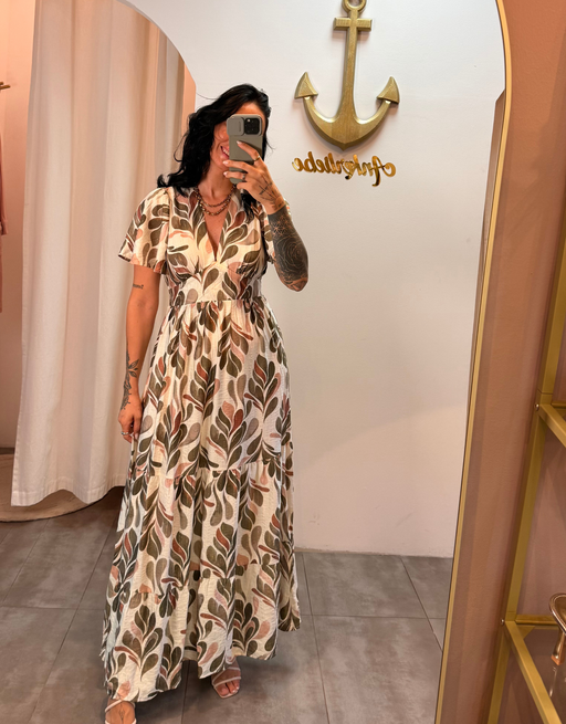 fließendes Boho-Maxikleid mit Blätter-Print und weiten Ärmeln | creme/oliv