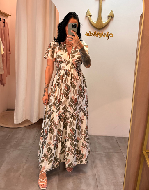 fließendes Boho-Maxikleid mit Blätter-Print und weiten Ärmeln | creme/oliv