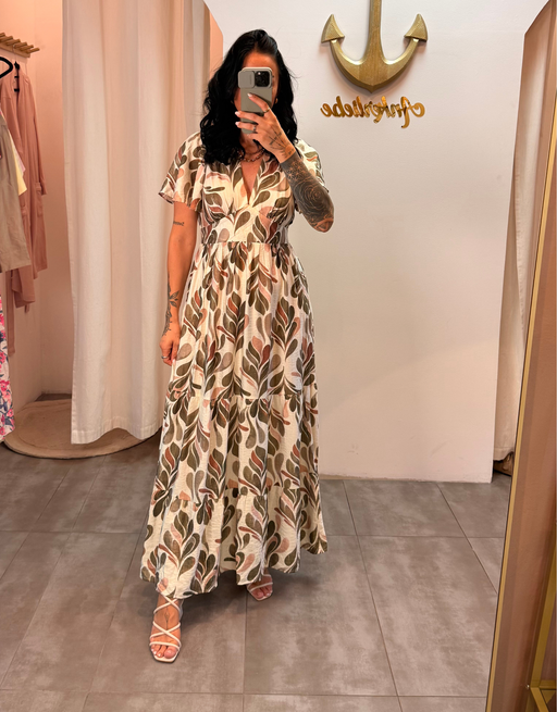 fließendes Boho-Maxikleid mit Blätter-Print und weiten Ärmeln | creme/oliv