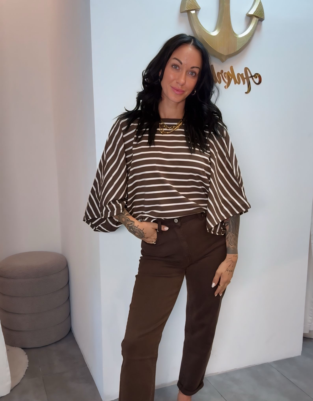 rückenfreies oversized shirt | creme/choco