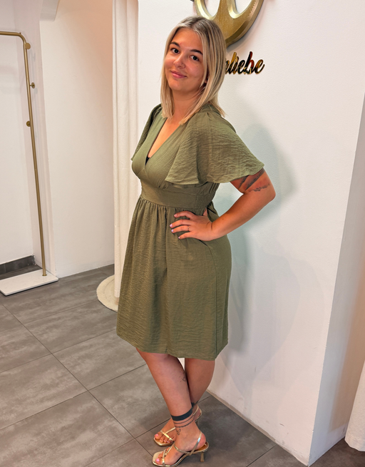 luftiges Sommerkleid mit V-Ausschnitt und Rückenausschnitt | khaki