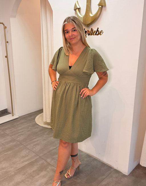 luftiges Sommerkleid mit V-Ausschnitt und Rückenausschnitt | khaki