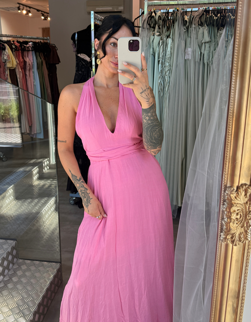 fließendes Maxikleid mit tiefem Rückenausschnitt und Wickeldetail | rosa