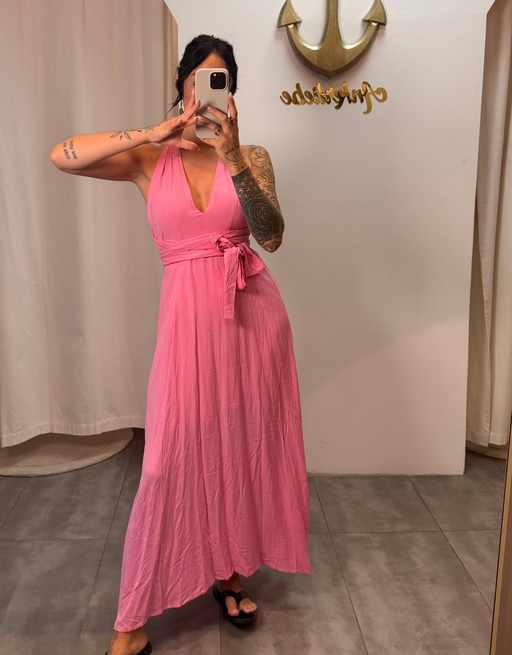 fließendes Maxikleid mit tiefem Rückenausschnitt und Wickeldetail | rosa