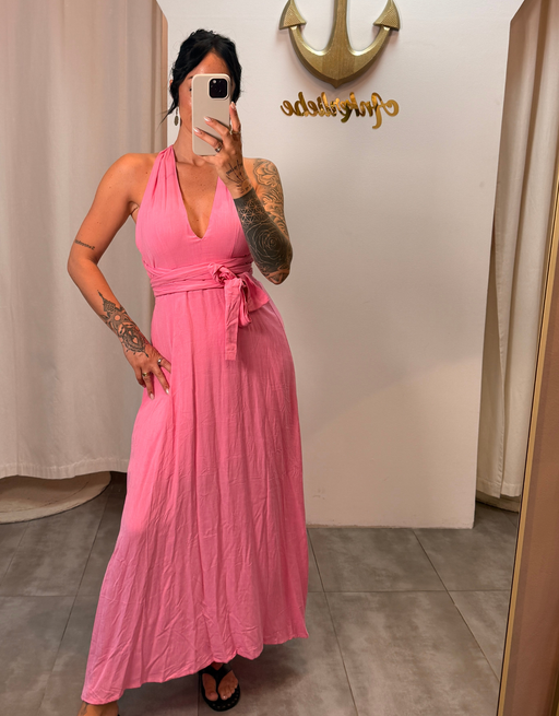 fließendes Maxikleid mit tiefem Rückenausschnitt und Wickeldetail | rosa
