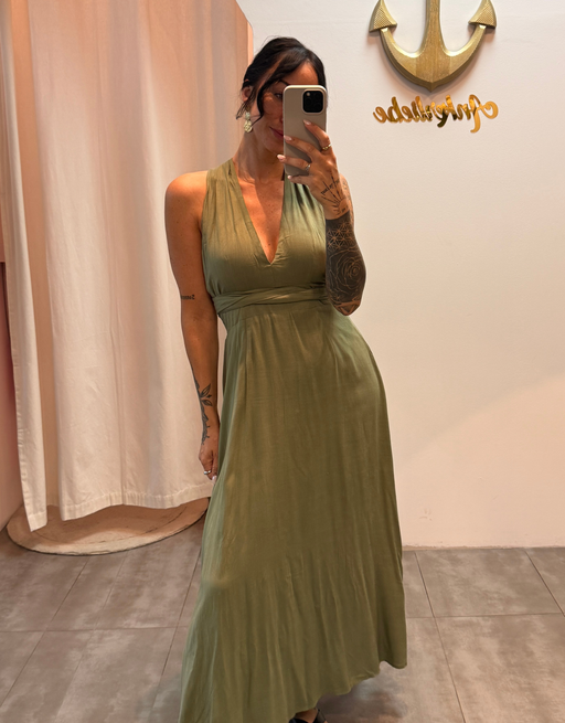 fließendes Maxikleid mit tiefem Rückenausschnitt und Wickeldetail | kaki