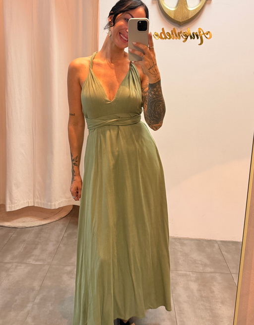 fließendes Maxikleid mit tiefem Rückenausschnitt und Wickeldetail | kaki