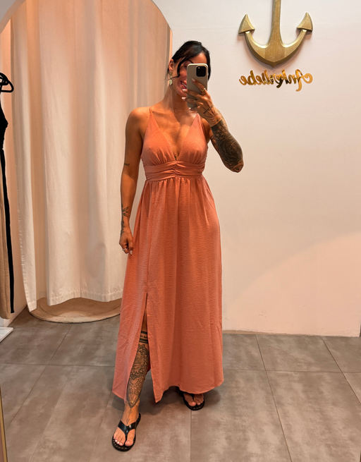 fließendes Maxikleid mit Taillenraffung und Beinschlitz | light blush