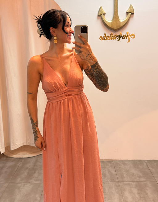fließendes Maxikleid mit Taillenraffung und Beinschlitz | light blush
