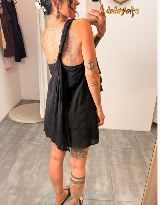 one shoulder baumwollkleid mit geflochtenen trägern | schwarz