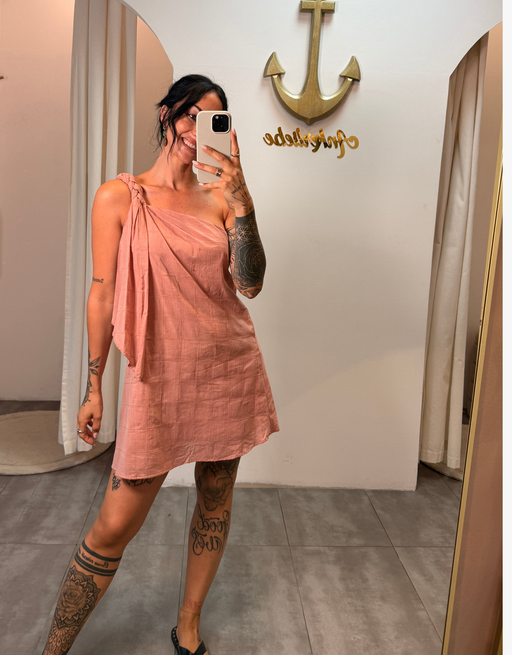 one shoulder baumwollkleid mit geflochtenen trägern | altrosa