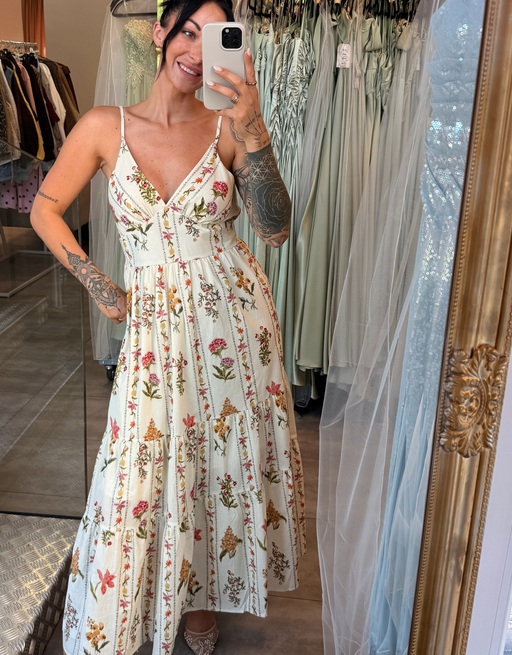 geblümtes Maxikleid mit Volants und Spaghettiträgern | cremeweiß