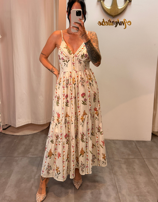 geblümtes Maxikleid mit Volants und Spaghettiträgern | cremeweiß