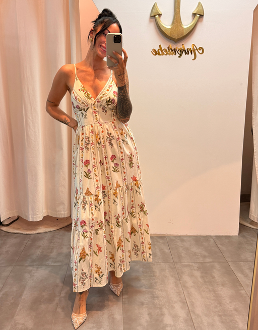 geblümtes Maxikleid mit Volants und Spaghettiträgern | cremeweiß