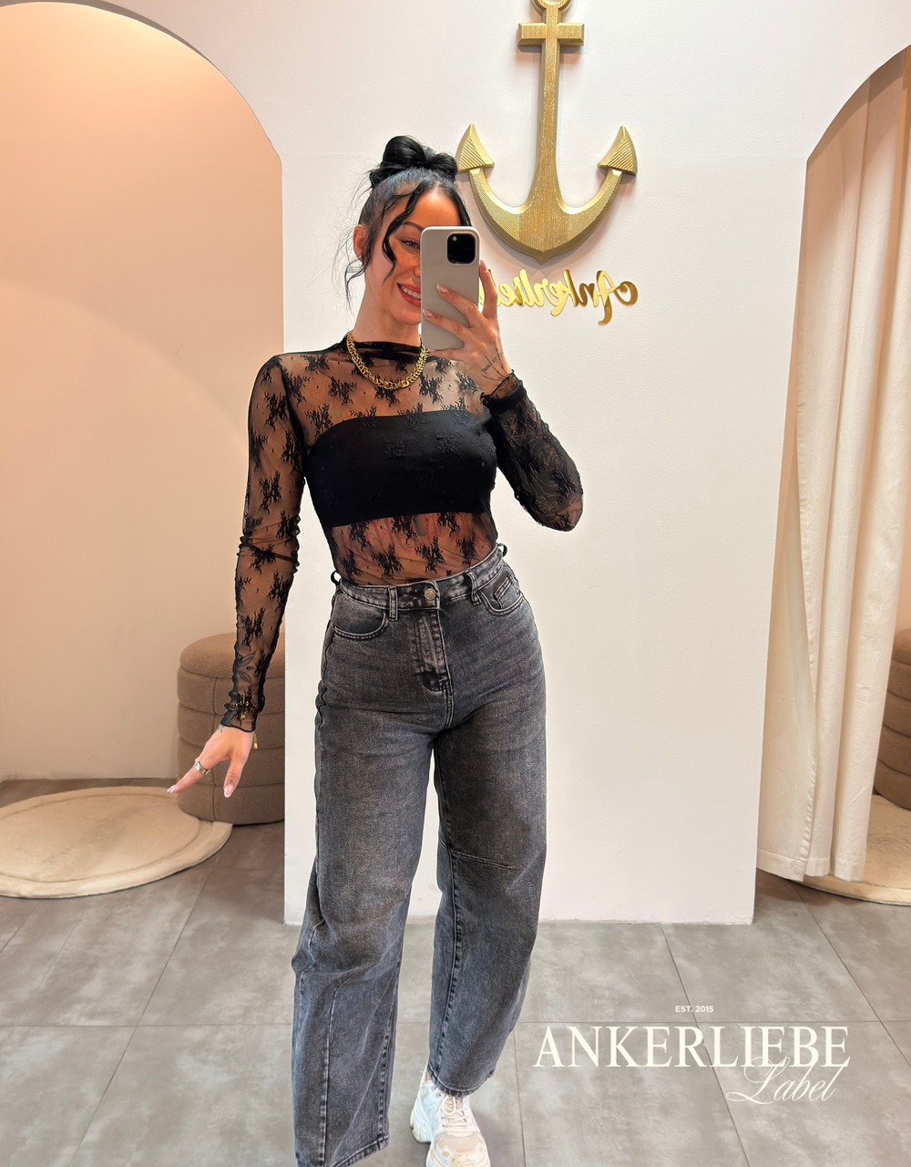 spitzentop fine | schwarz langarm