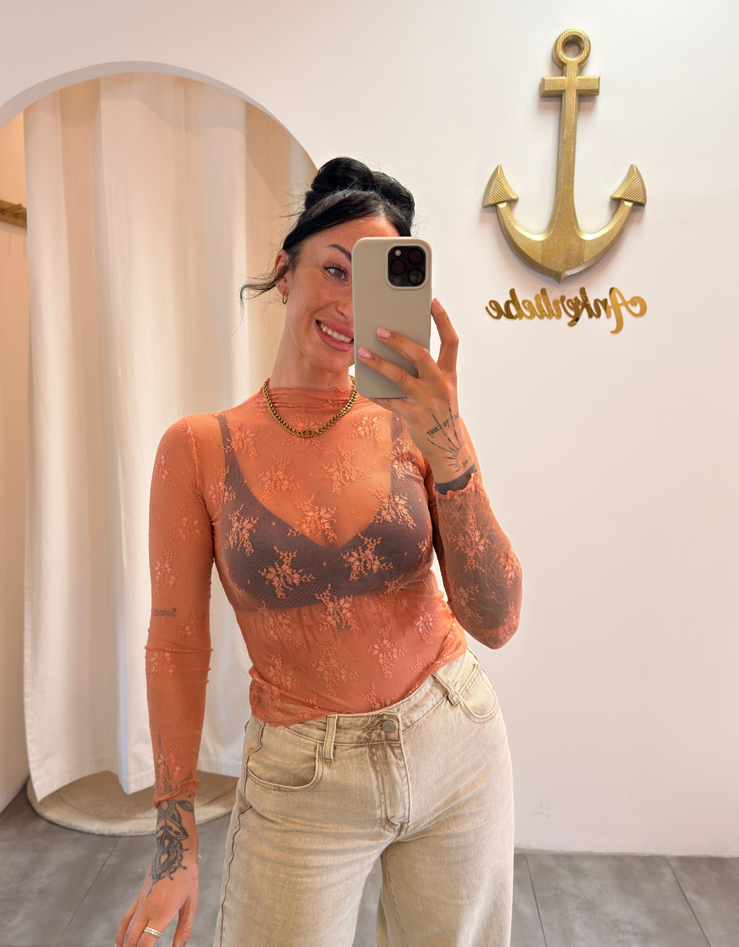 spitzenoberteil terracotta | langarm