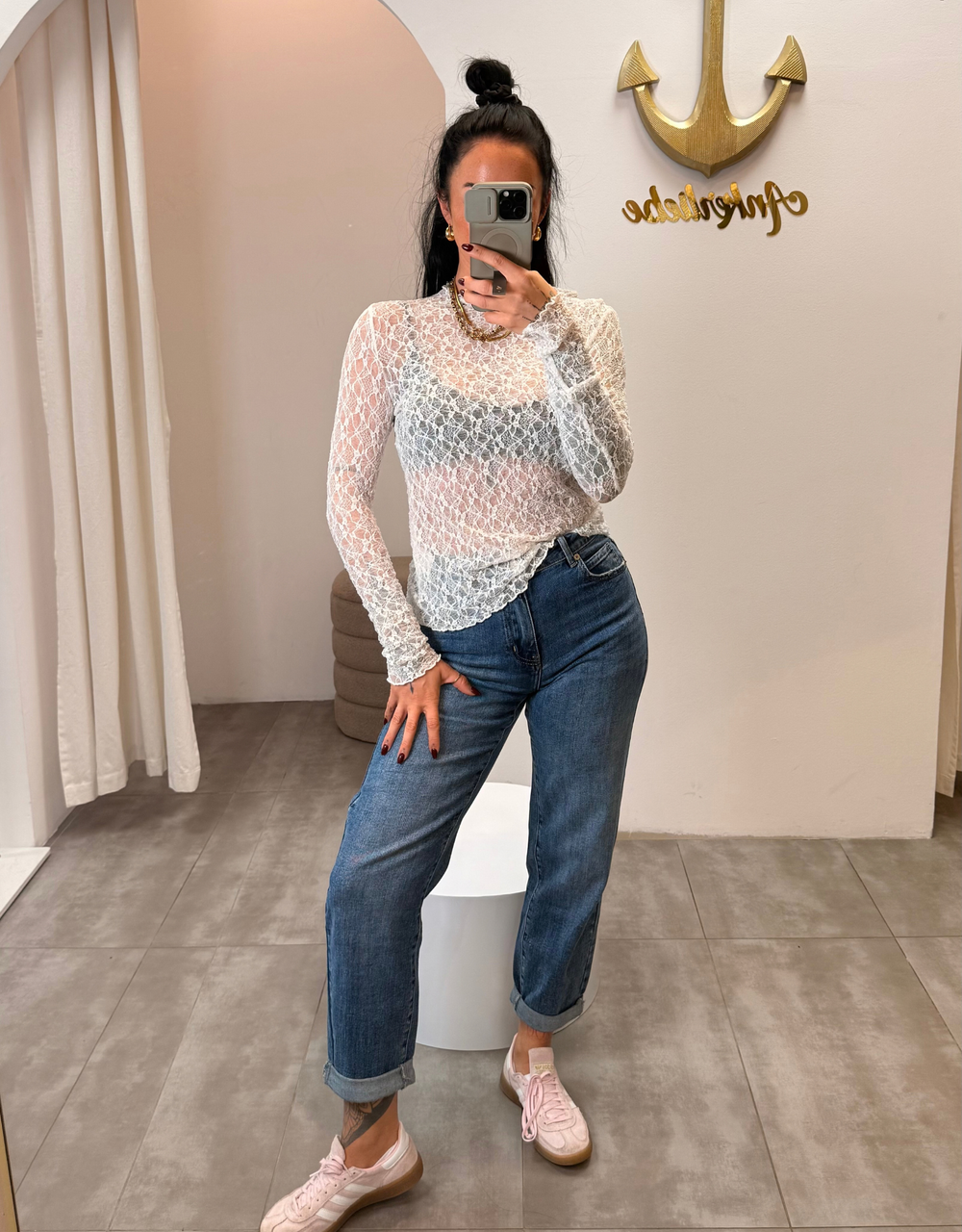 spitzenshirt langarm | weiß