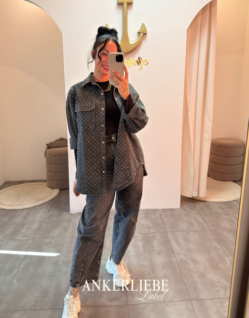 glitter statement jeansjacke | washed grey