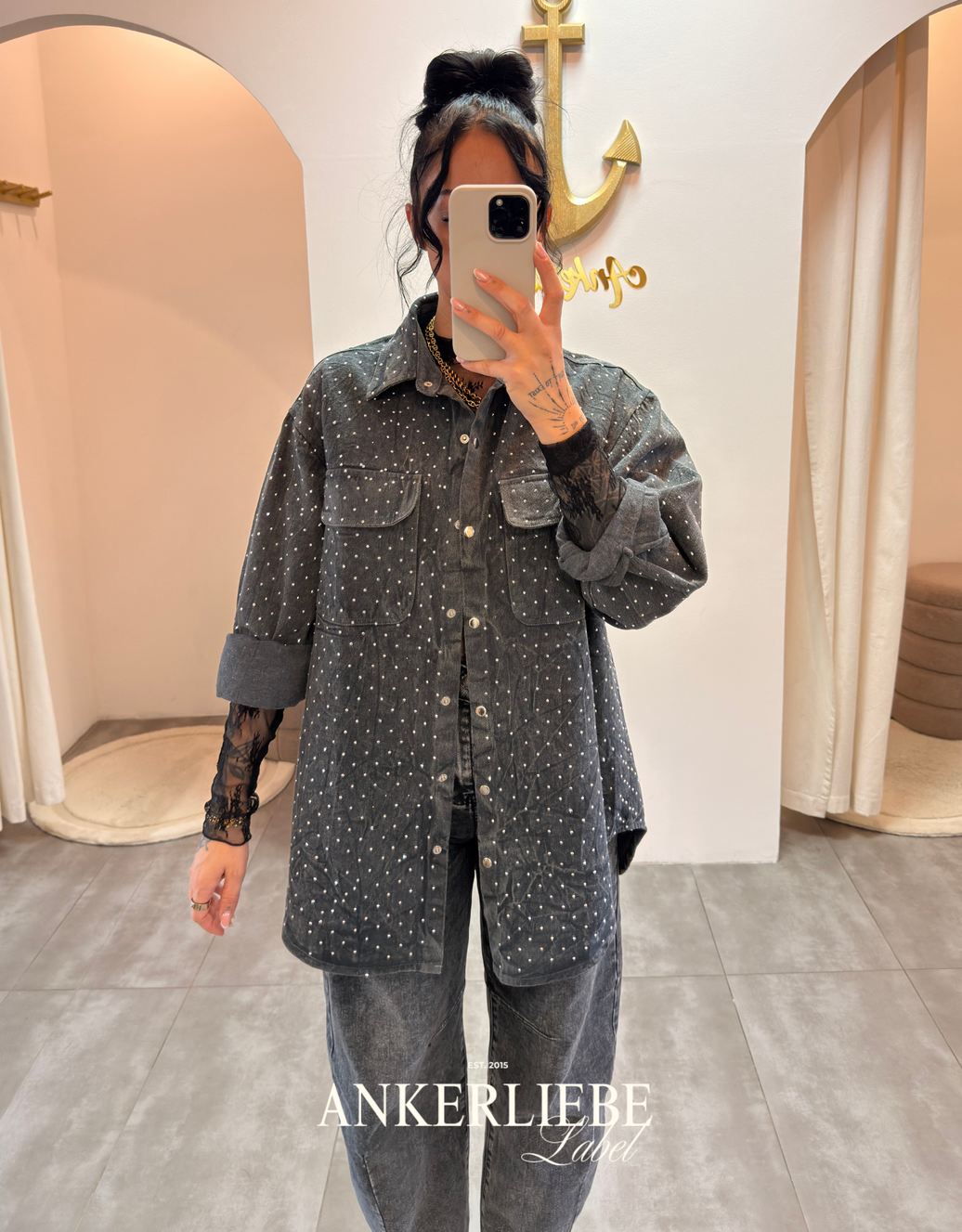glitter statement jeansjacke | washed grey
