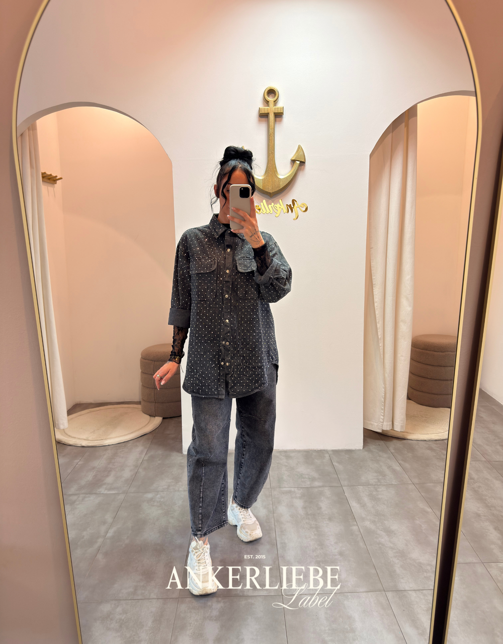 glitter statement jeansjacke | washed grey