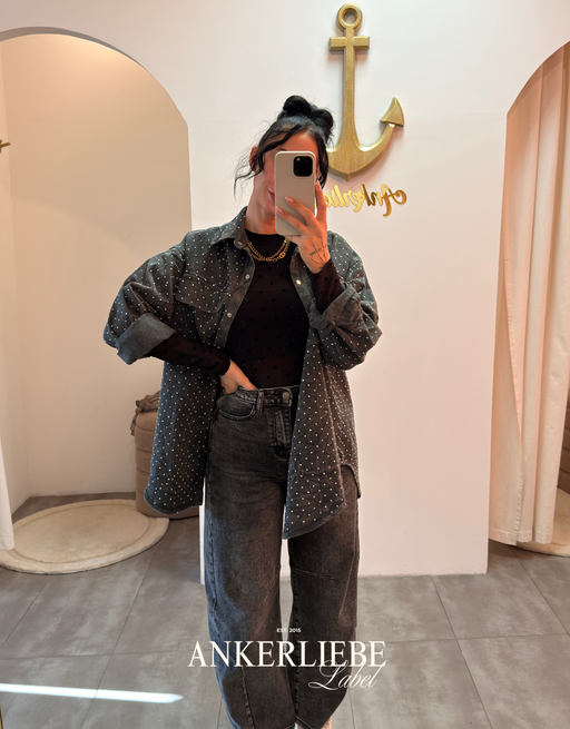 glitter statement jeansjacke | washed grey