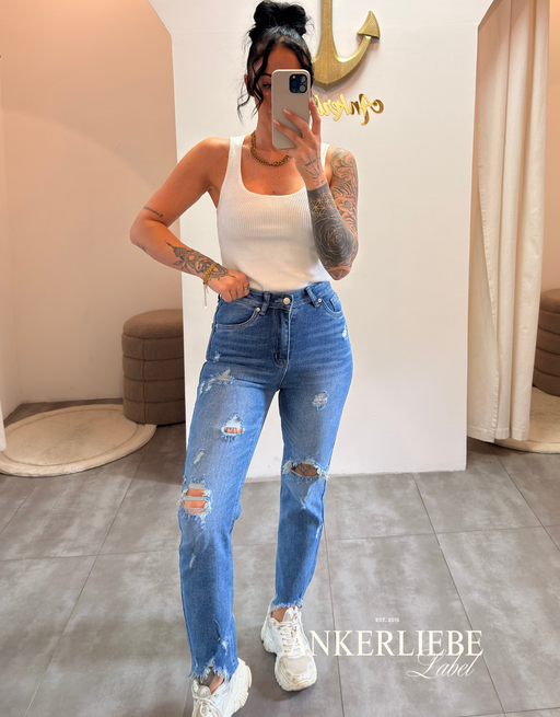 straight fit stretch jean | denim destroyed