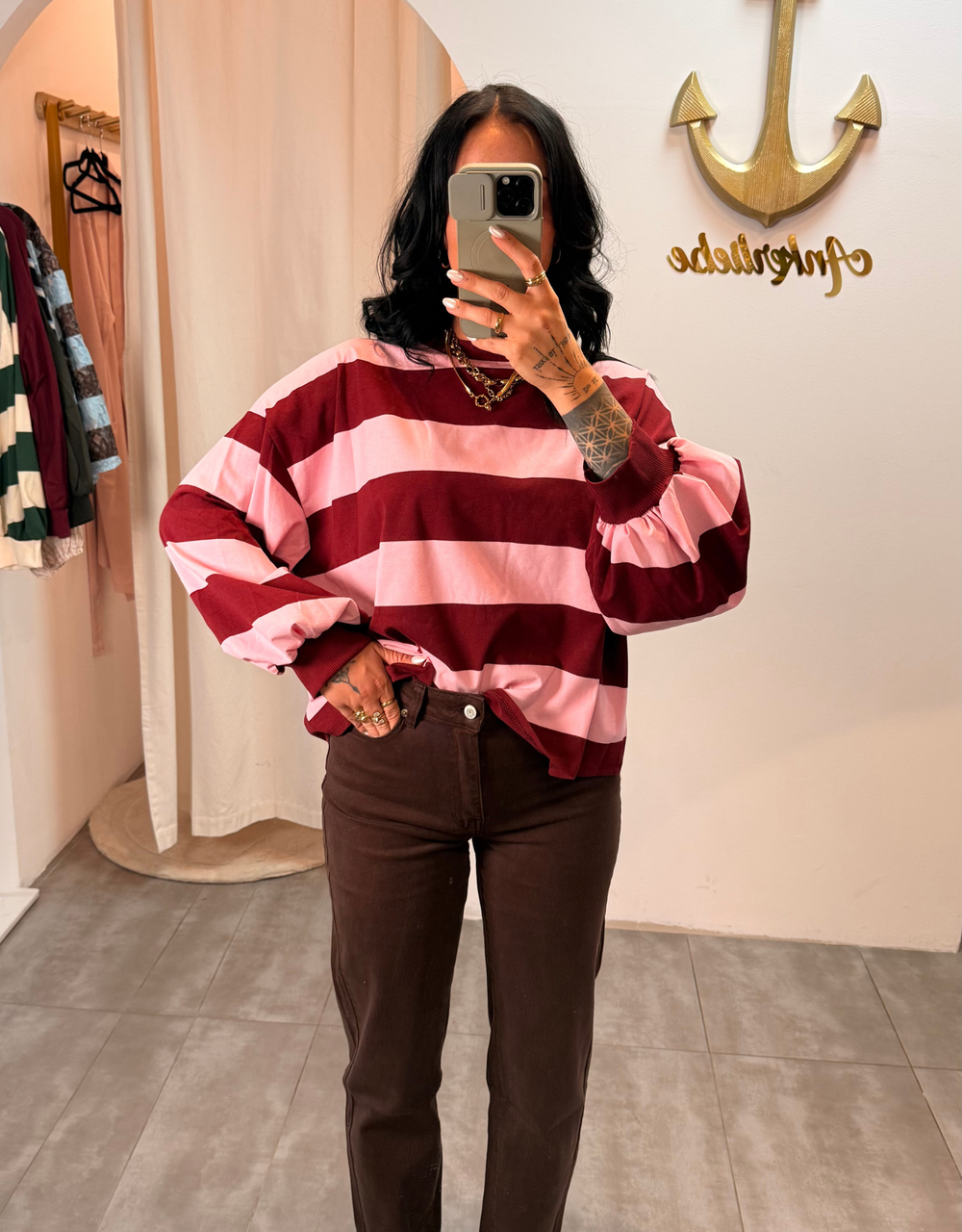 oversize longsleeve gestreift mit besonderen ärmeln | rosa/burgund