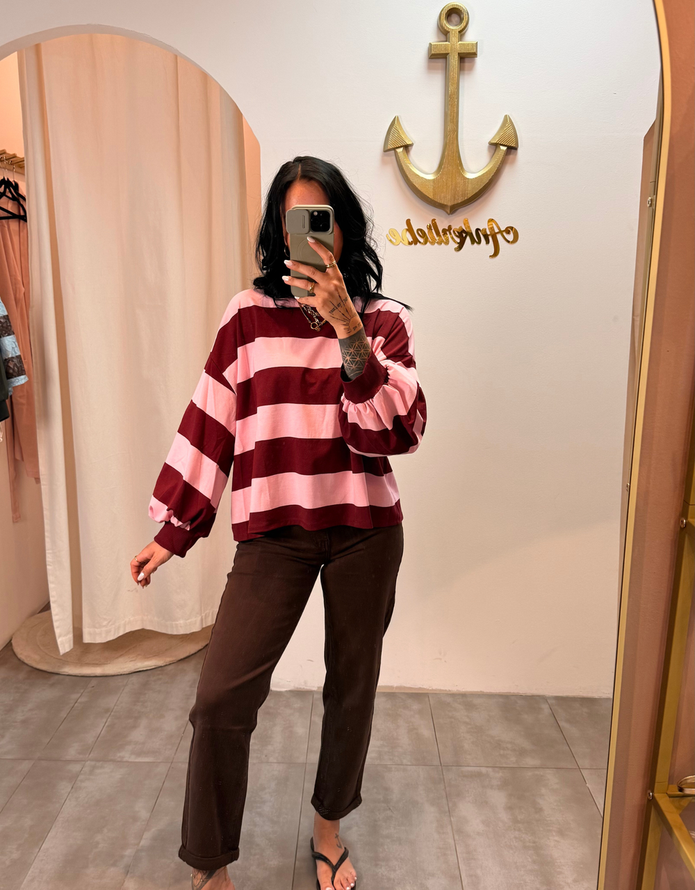 oversize longsleeve gestreift mit besonderen ärmeln | rosa/burgund