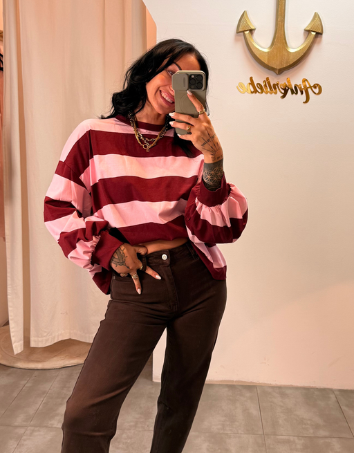 oversize longsleeve gestreift mit besonderen ärmeln | rosa/burgund