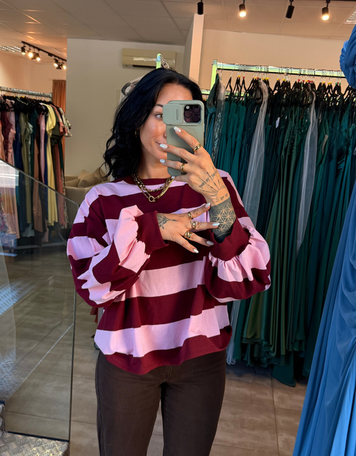 oversize longsleeve gestreift mit besonderen ärmeln | rosa/burgund