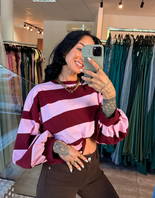 oversize longsleeve gestreift mit besonderen ärmeln | rosa/burgund