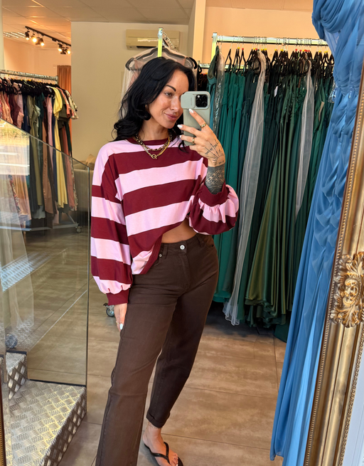 oversize longsleeve gestreift mit besonderen ärmeln | rosa/burgund