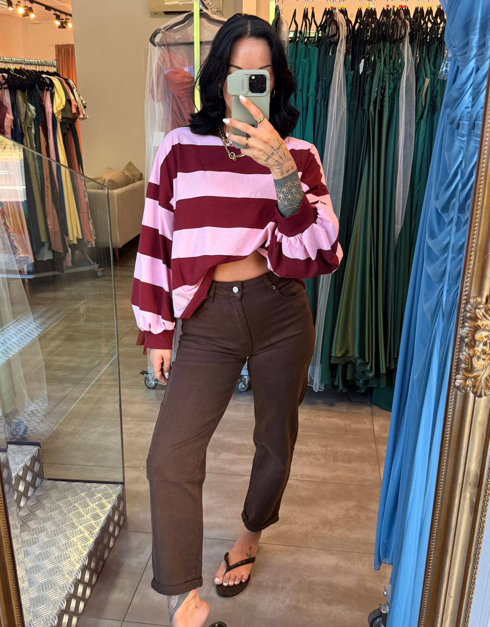oversize longsleeve gestreift mit besonderen ärmeln | rosa/burgund