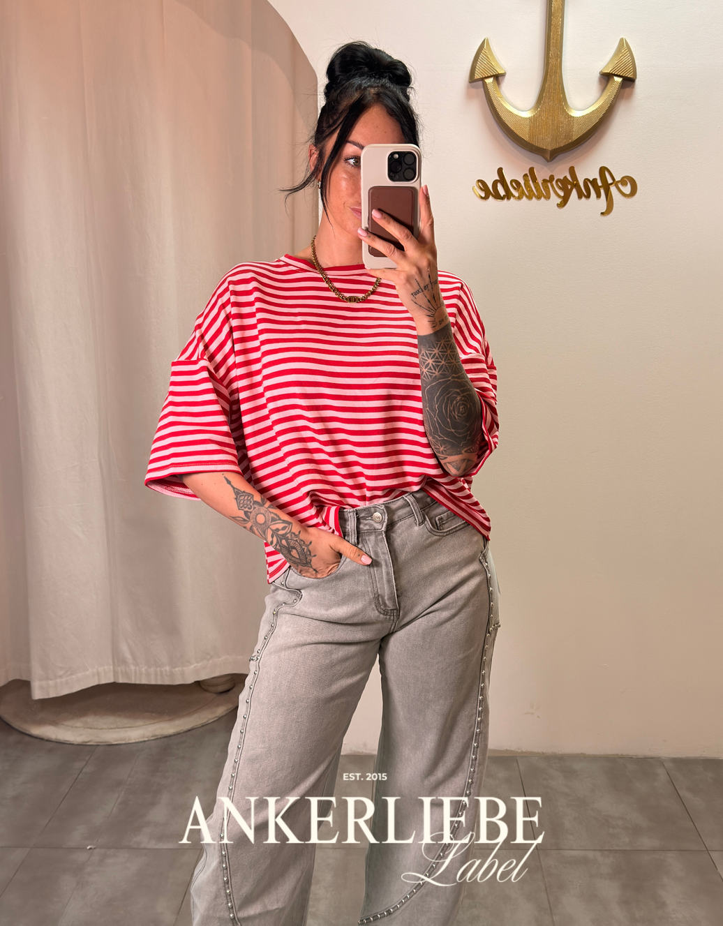 oversized streifenshirt rosa/rot