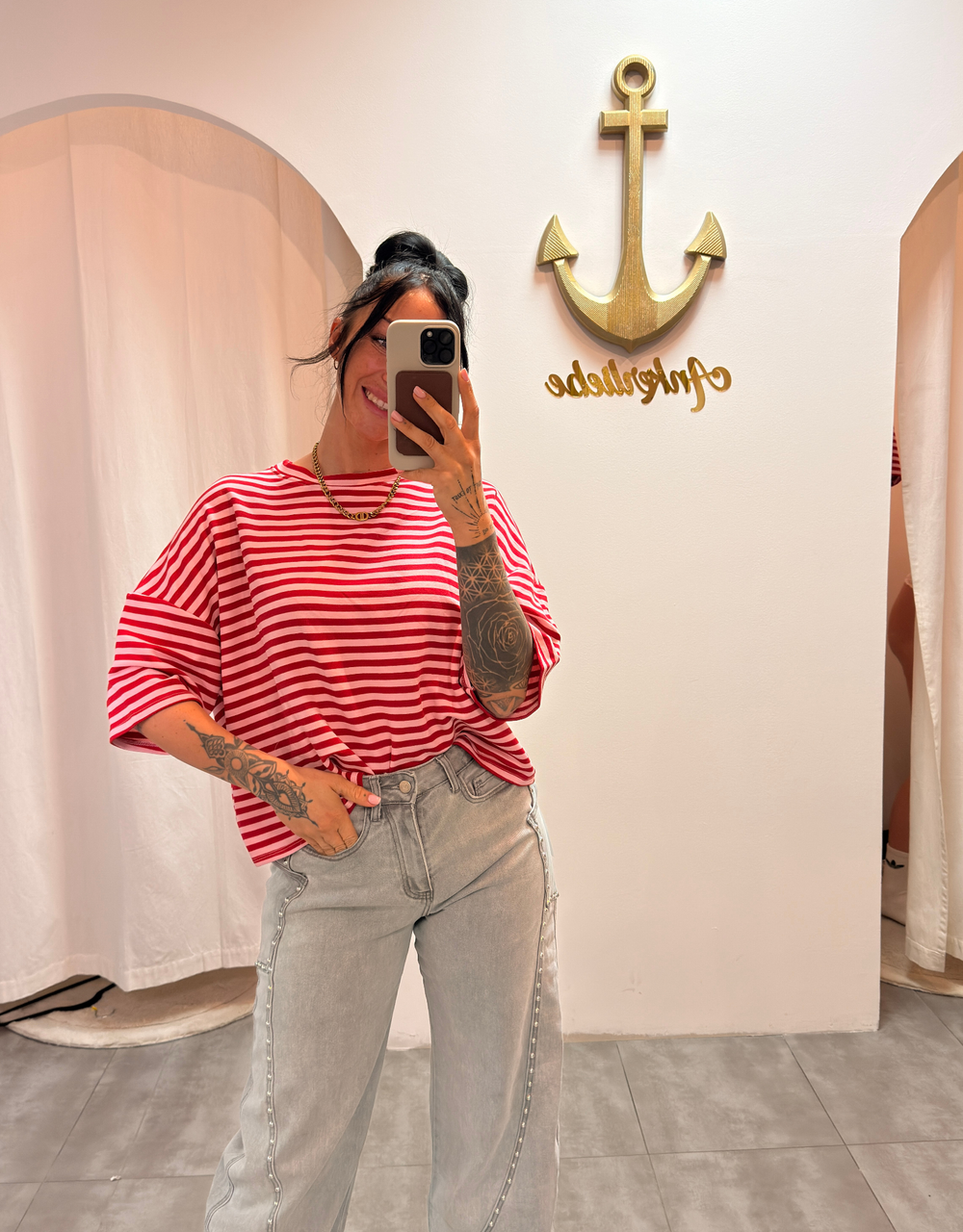 oversized streifenshirt rosa/rot
